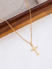 1pc Minimalist Cross Pendant Necklace, Unisex Clavicle Chain For Sweater - Gold - View 2