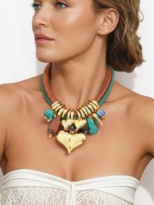 1pc Mixed Element Heart Pendant Necklace, Multi-Layer Chunky Rope Chain, Fashionable & Charming - Multicolor - View 9