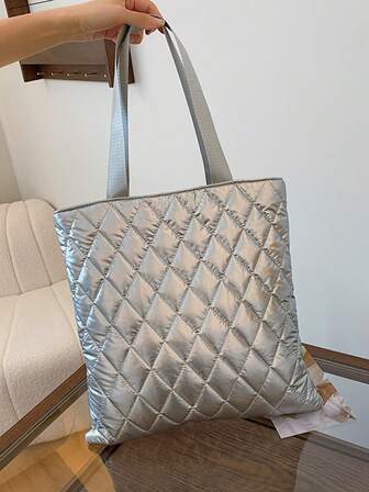 Solid Color, Lightweight, Casual, Large Capacity, Embroidered Diamond Pattern Shoulder Bag, Shopping Tote