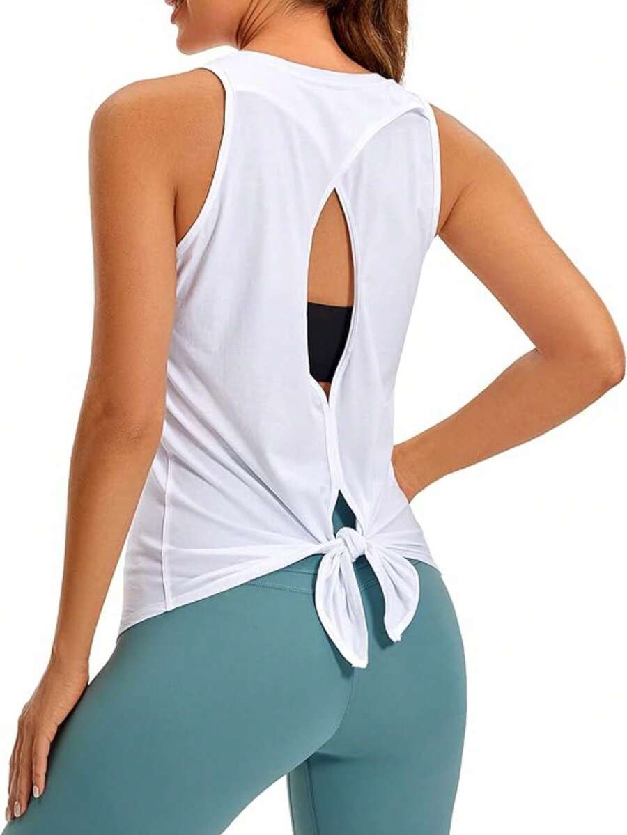 MathCat Women's Workout Tanks Tie Back Sleeveless Shirts Yoga Athletic Open Back Sport Gym Tops - 白色 - 查看 1
