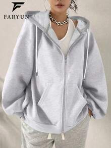 Women's Loose Fit Hooded Long Sleeve Jacket, With Zipper And Drawstring Details, Casual Style Sweatshirt Sweatshirt, Suitable For Spring And Autumn Casual Occasions