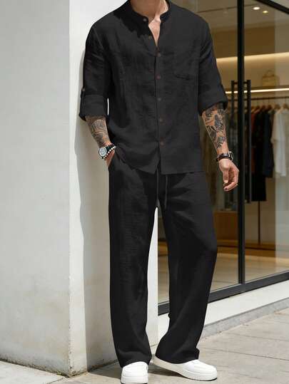 Camisa de manga larga con cuello mao y pantalón largo de lino liso para hombre, conjunto casual de 2 piezas para vacaciones