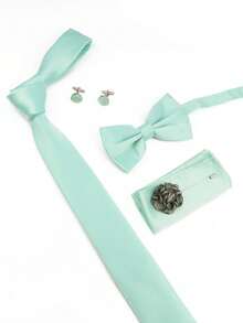 5pcs/Set Light Green Groomsmen Tie Set, Including Tie, Bow Tie, Pocket Square, Boutonniere, Cufflinks, Stylish Wedding Attire - Cadet Blue - View 2