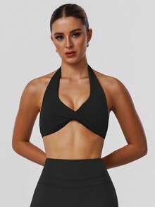 Sodalemon Women's Twist Back Workout Top, V-Neck Padded Solid Color Yoga Casual Sports Bra - Black - View 5