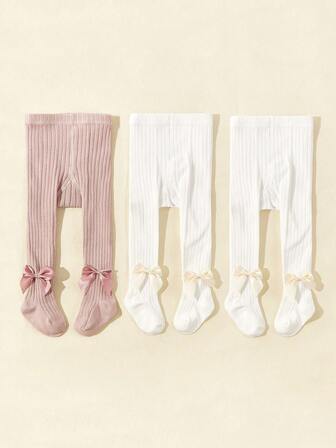 3 Pairs Baby Solid Color Tights With Bow Decor, Candy Colors, Leggings For Spring & Autumn