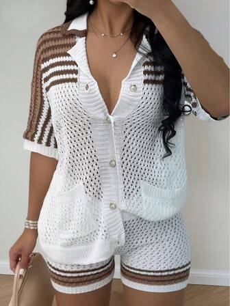 Yuwenier Casual 2Pcs Striped Pattern Button Front Short Sleeve Shirt Knitted Top Blouse Cardigan & Knit Shorts Beach Outfits For Woman