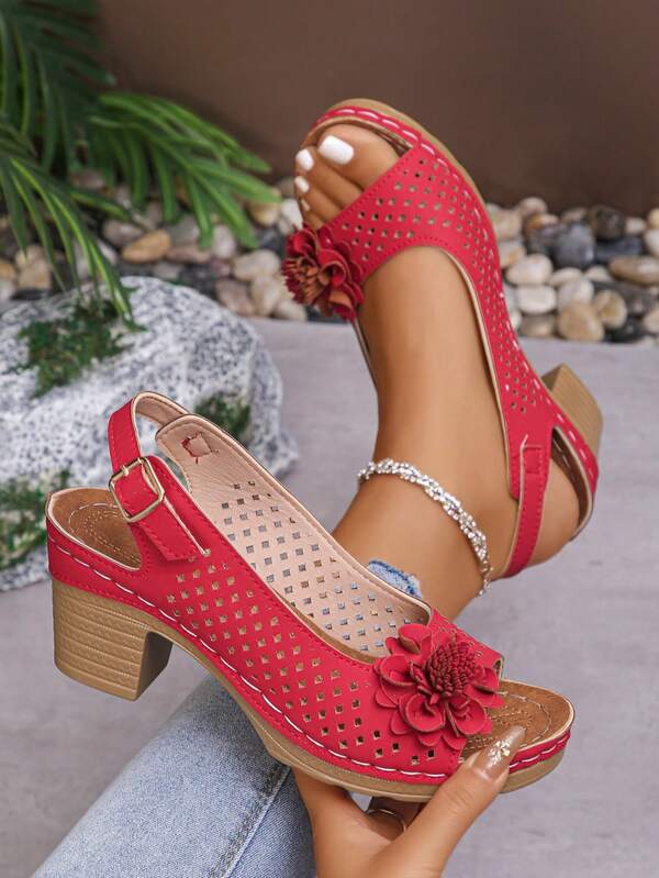 Sandálias femininas de salto alto com flor vazada, cor sólida, estilo boémio elegante, moda vanguardista para férias, praia, sexy, com recortes, para casamento, festa universitária, escritório e verão
