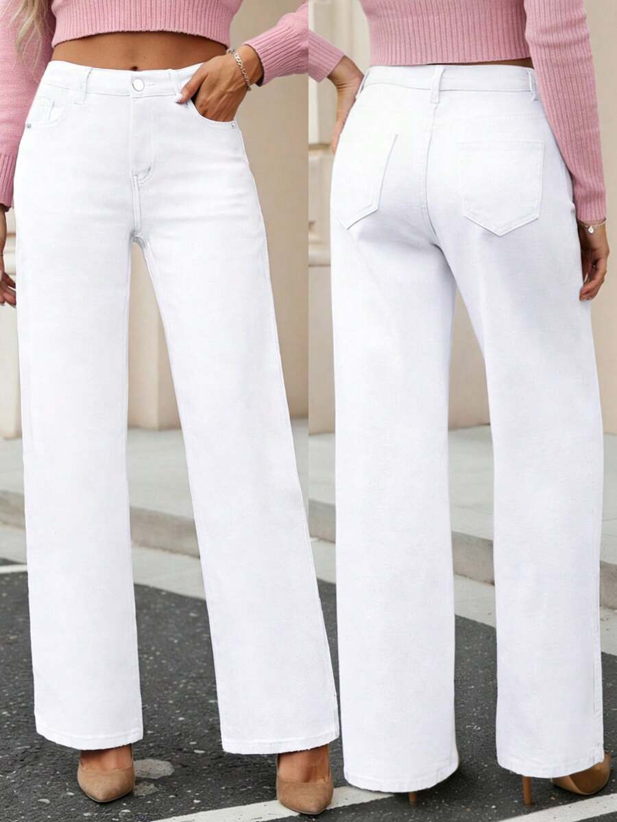 Women's Sporty Distressed Tie-Up Straight Leg Washed Denim Jeans - White - View 1