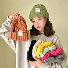 1pc Women's Candy Color Autumn/Winter Cable Knit Beanie Hat, Warm & Windproof, Fashionable Versatile Unisex Style - A - View 1