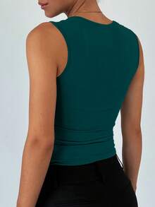 Women's Solid Color Double-Layer Pleated Square Neck Camisole, Spring/Summer - Dark Green - View 7