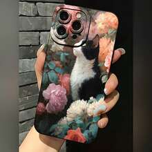 2026 nueva funda de teléfono esmerilada, funda de teléfono con estampado de gato y flores para  17 15 Pro Max  17 14 Pro  17 13  Galaxy S23 S22 S21 protector de teléfono funda de pareja regalo para novio novia regalo de San Valentín cumpleaños - Negro - Ver 1