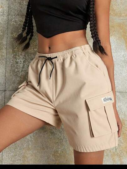 Women's Letter Graphic Drawstring Waist Casual Loose Outdoor Cargo Shorts