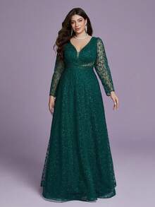 V-Neck Embroidered Lace Long-Sleeved Waist See-Through Lace High-End Evening Dress - Green - View 3