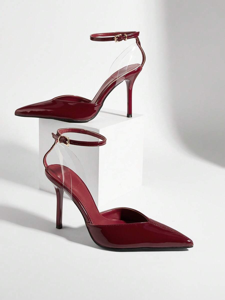 Sexy Buckle Criss-Cross Strap Party Minimalist Chic Commute Sexy Buckle Party Banquet Wine Red Patent Leather Closed Toe Stiletto High Heels - Burgundy - View 1