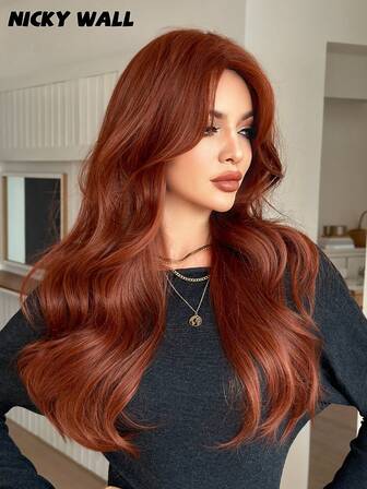 NICKY WALL 26 Inch Long Orange Red Curly Synthetic Wigs For Women ,Elegant Loose Body Wavy Wigs With Curtain Bangs High Density Full Machine Heat Resistant Fiber Fashion Wigs For Girls Daily Party Cosplay Use ,Christmas Gift