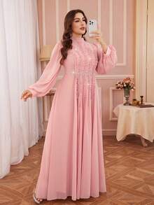 Plus Size Damklänning Enfärgad Elegant Pärlbroderad Frontpanel Långärmad Med Volangfåll Bröllop Rosa Vårfest - Rosa - Visa 5