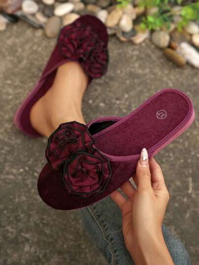 1双女士手工花卉蝴蝶结装饰复古圆头拖鞋，EVA鞋底轻便舒适家居拖鞋，大码时尚卧室拖鞋