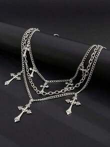 1pc Fashion Punk Cross Waist Chain, Men's Personalized Charm Multi-Layer Metal Chain Body Chain, For Pants Decoration, Holiday Gift - Silver - View 6