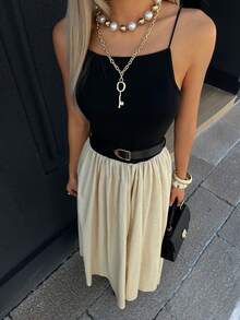 Women's Elegant Party Date Maxi Dress | Black Knit Patchwork Apricot A-Line High Waist | Waist Belt Included | Vacation & Business Casual | 2026 Spring Summer - Multicolor - View 11