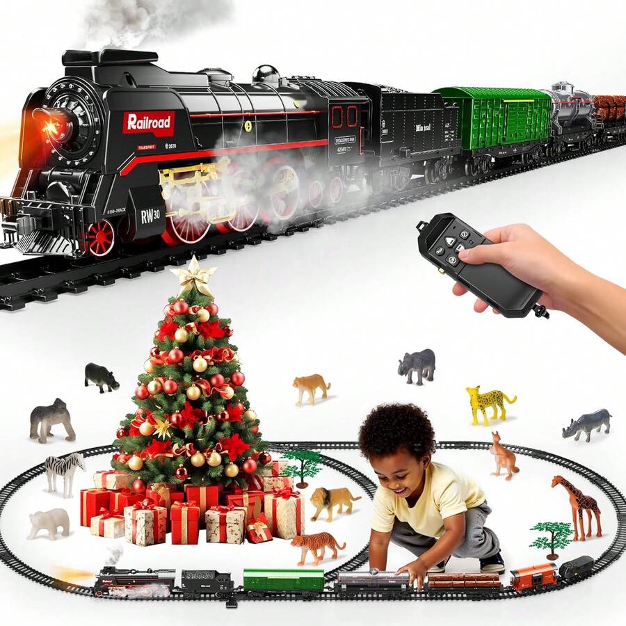 Model Train Set, Remote Control Train Toys With 3Way Smoke Locomotive, 5 Train Cars, Luxury Track Kit, Authentic Train Sounds & Lights, Rechargeable Battery, Top Present For Train Lovers - Black - View 1