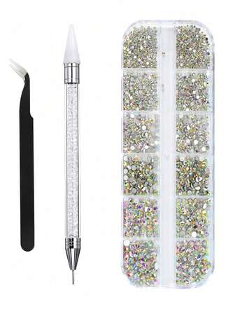 12 rejillas de 6 tamaños de cristales de Rhinestone transparentes planos brillantes con cristal AB, con pinzas y bolígrafo de punteado, 2000 piezas de gemas de Rhinestone redondas para decoración de uñas, maquillaje de ojos y rostro, manualidades de arte de uñas DIY