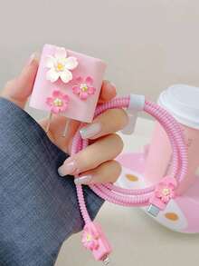 5pcs/Set Pink Sakura Charging Cable Protector, Compatible With IPhone 14 Data Cable Winding Protector, 20W Charger Protective Case,Gifts For A Girlish Heart, Gifts For Your Girlfriend, Christmas Gifts