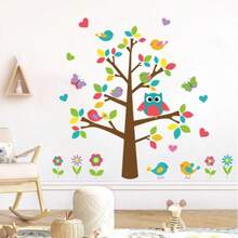 Cartoon süße Eule Vogel Blumenzweige Tier Wandaufkleber - abnehmbar, zeitgenössisch, Tierdruck, rechteckig, seidenmatt, selbstklebend, wiederverwendbar, Kunststoffoberfläche, geeignet für Schlafzimmer, Wohnzimmer, Flur, Nachttisch Dekoration - Verschiedenfarbig - Übersicht 4