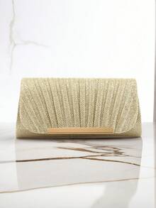 Elegant Ruched Square Bag With Metal Decor Flap Bag Glamorous Glitter Evening Bag For Wedding For Banquet