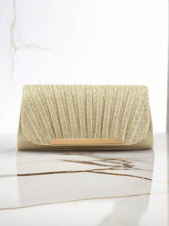 优雅褶皱方形金属装饰翻盖包，闪亮迷人晚宴包，适合婚礼宴会