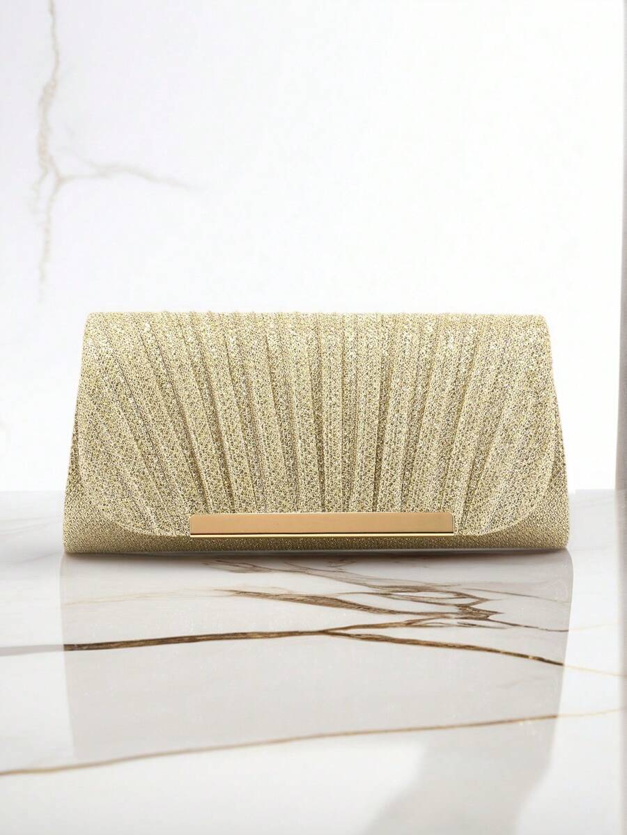 Elegant Ruched Square Bag With Metal Decor Flap Bag Glamorous Glitter Evening Bag For Wedding For Banquet