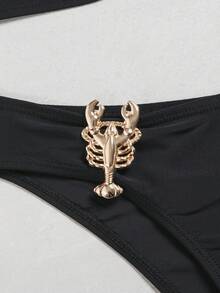 wohenmeili Solid Color Spaghetti Strap Scorpion Decor Clasp Coordinated Summer Beach Bikini Set Vacation Black - Black - View 10