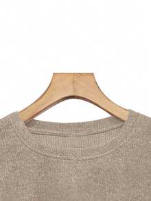 Suéter de punto de manga larga con cuello redondo y diseño de lazo con estampado de leopardo único, cómodo y elástico, estilo de punto falso para mujer de talla grande - Camel - Ver 2