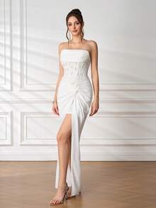 New Sexy Strapless White Pearl Bridal Gown, Formal Dress Suitable For Holiday Party, Wedding Guest, Prom, Birthday Party, Formal Dinner, Date, Homecoming, Family Gathering - White - View 4