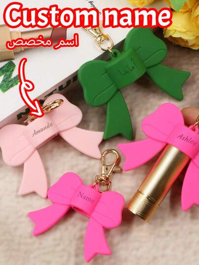 Personalized Lip Gloss Keychain, Custom Name Holder, Keychain Holder, Customized Keychain Accessories, Lip Balm Charms, Key Chain Holder, Keychains For Women, Customizable Valentine'S Day Gifts, Bow Lipstick Cap, Silicone, Couples, Family, Mother, Birthday Gifts
