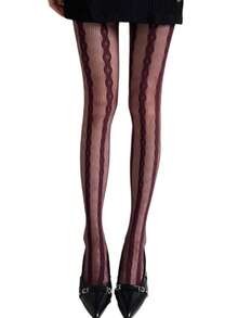 1Pc Western Pure Sexy Style Gray Argyle Fishnet Pantyhose Retro Stripe + Cable Knit Design Lace Paneled Tights Anti-Snag Spandex Material High Elasticity Slimming And Figure-Fitting Sheer Thin Four Seasons Versatile Must-Have For Office Date Street Daily  Outfits - trắng - Xem 4