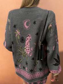 Sea Starshine 2025秋冬女装时尚休闲通勤草坪帽豹纹提花长袖圆领琥珀色纽扣毛衣开衫修身毛衣秋季女装乡村音乐会 - 灰色 - 查看 4