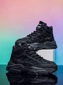 Black Sneakers, Men's Casual Sneakers, New Fashionable Sneakers, Comfortable, Versatile Thick-Soled Heightening Sneakers Mid Top Lace Up Men's Hiking Shoes - Black - View 1