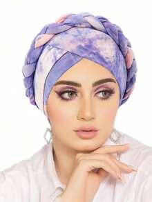 1pc New Fashion Women Tie-Dye Braided Turban Hat, Tie Dye Color Headband Cap, In Europe And America Hair Sleep Cap Sleep Bonnet - Multicolor - View 2