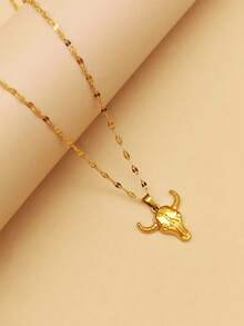 1件18K镀金不锈钢个性化嘻哈街头项链，复古不锈钢牛头骨吊坠项链，男女通用动物魅力西部牛仔嘻哈饰品 - 金黃色 - 查看 10