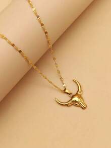 1件18K镀金不锈钢个性化嘻哈街头项链，复古不锈钢牛头骨吊坠项链，男女通用动物魅力西部牛仔嘻哈饰品 - 金黃色 - 查看 6