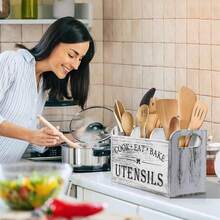 Organizador de utensilios de cocina de estilo rústico de madera, caja de almacenamiento de 3 compartimentos, caja de almacenamiento de madera para encimera, organización y almacenamiento de cocina, accesorios de cocina, reclama mi regalo diario, regalo de Halloween y Navidad, almacén local - Negro - Ver 3