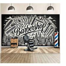 The Background Of The Barber Shop Is A Spotlight, With A View Of Tall Buildings And Various Hair Styling Tools Tapestry Is Highly Suitable For Use As A Festive Wall Decoration, An Outdoor Hanging Item, A Party Backdrop - trắng - Xem 3