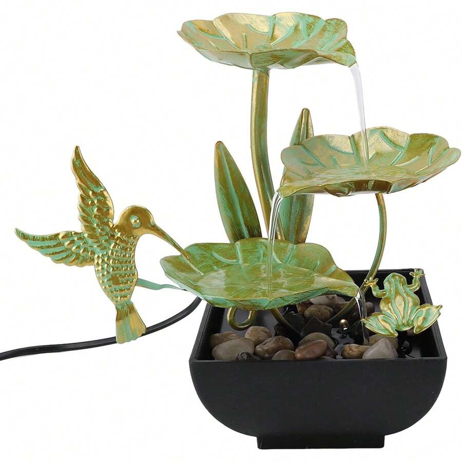 Decoración de Fuente USB con Forma de Hoja de Loto y Pájaro, Decoración de Fuente de Agua de Arte del Hierro, Decoración de Agua de Mesa para Sala de Estar, Vestíbulo de Entrada - 1 - Ver 1