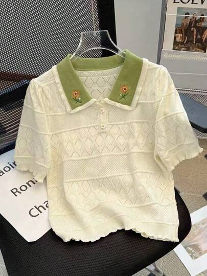 女士轻薄针织上衣，娃娃脸撞色设计，夏季