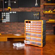 Caja de herramientas de plástico impermeable de 39 compartimentos , tipo cajón, organizador de almacenamiento de hardware para tornillos, piezas de rejilla y componentes - Naranja - Ver 2