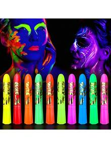 10 Neon Glow-In-The-Dark Face & Body Art Sticks | Washable Glow Crayons For Halloween, Costume Parties, Carnivals, Music Festivals, And Black Light Parties | Designed For Costume Parties And Birthday Celebrations, Making You Shine Like A Star In The Crowd - Nhiều màu - Xem 1