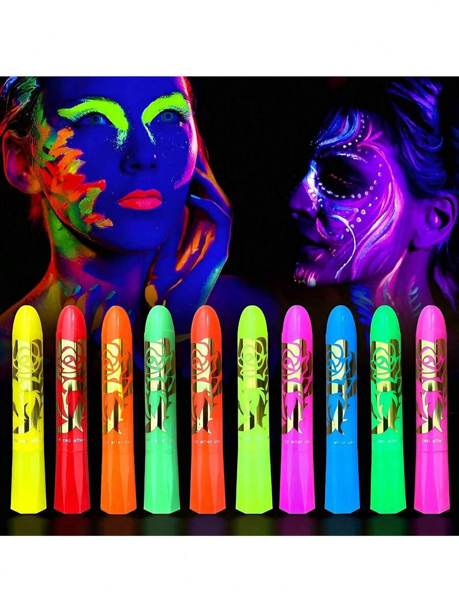 10 Neon Glow-In-The-Dark Face & Body Art Sticks | Washable Glow Crayons For Halloween, Costume Parties, Carnivals, Music Festivals, And Black Light Parties | Designed For Costume Parties And Birthday Celebrations, Making You Shine Like A Star In The Crowd - Nhiều màu - Xem 1
