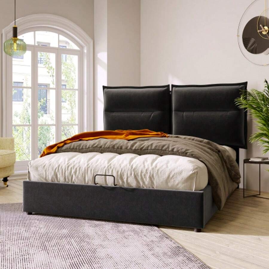 Hydraulic Double Bed With Upholstery, 140x200cm, Adjustable Headboard, Metal Slatted Base, Velvet, Modern Bed Frame With Storage Space, Large Storage Area, Black (With Mattress) - Black - View 1