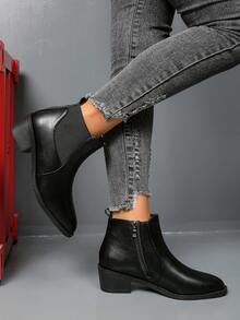 Women's Autumn/Winter New Side Zipper Chelsea Ankle Boots, Fashionable & Comfortable Black Elastic Pointed Toe Chunky Heel Western Boots