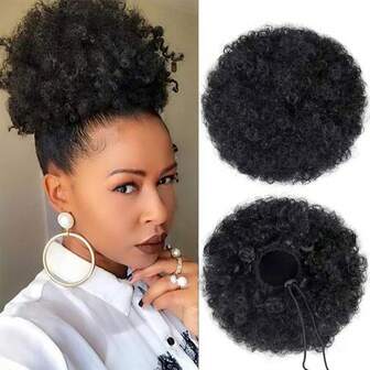 FULCRUM 1Pc Afro Kinky Curly Hair Buns Updo Ponytail 4/6/8/10/12 Inch Natural Black Afro Puff Drawstring Ponytail Synthetic Hair Extension For Women
